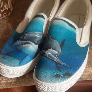 Aqua Shark Print Slip-On Sneakers